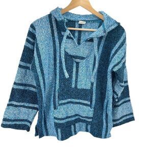 Vintage Artesanias Cuamatz Women's Hooded Sweater Acrylic Striped Blue Medium